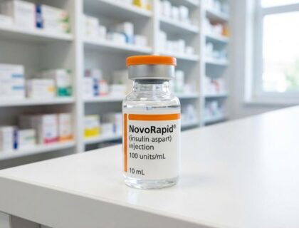 A 10ml NovoRapid vial (insulin aspart) with an orange cap, placed on a clean white pharmacy counter with medical shelves blurred in the background.