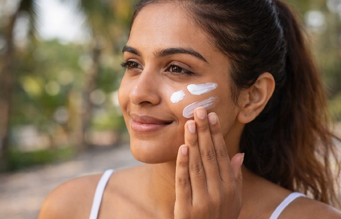 Applying sunscreen on face before sun exposure in India” generation
