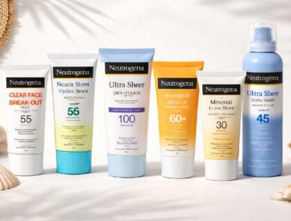 Assorted Neutrogena sunscreen bottles including lotion and spray formats arranged on a clean background