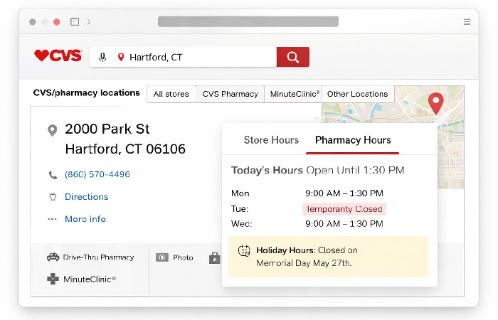CVS store locator page showing pharmacy hours and today’s open status for a specific location