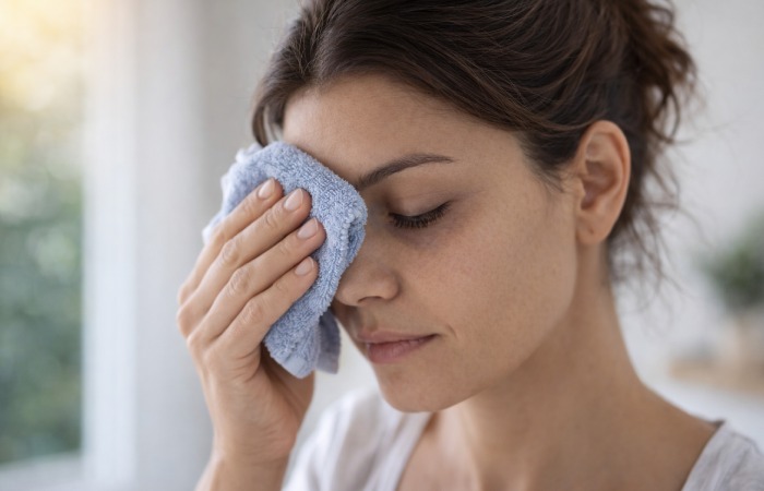 Applying cold compress to reduce under-eye puffiness and vascular dark circles