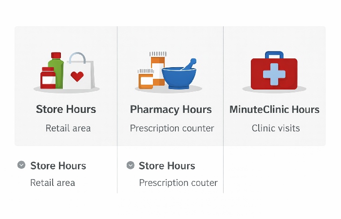 Comparison showing CVS store hours, pharmacy counter hours, and MinuteClinic hours as separate schedules
