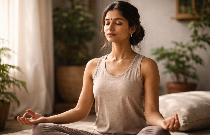 An Indian woman in activewear sitting cross-legged in a calm sunlit room, hands resting on her abdomen, eyes closed