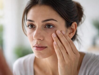 Woman examining under-eye dark circles in natural daylight showing realistic skin texture