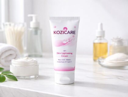 Kozicare cream tube placed in a clean clinical skincare setting with neutral background