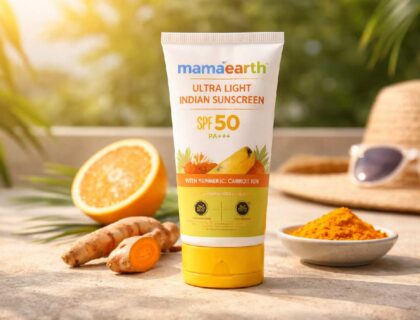 Mamaearth SPF 50 PA++++ sunscreen displayed in bright Indian sunlight representing daily sun protection