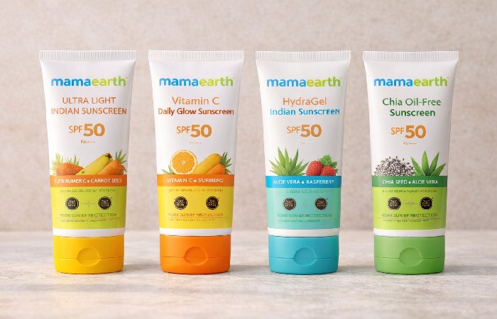 Different Mamaearth SPF 50 sunscreen variants including Ultra Light, Vitamin C, Hydragel and Chia versions