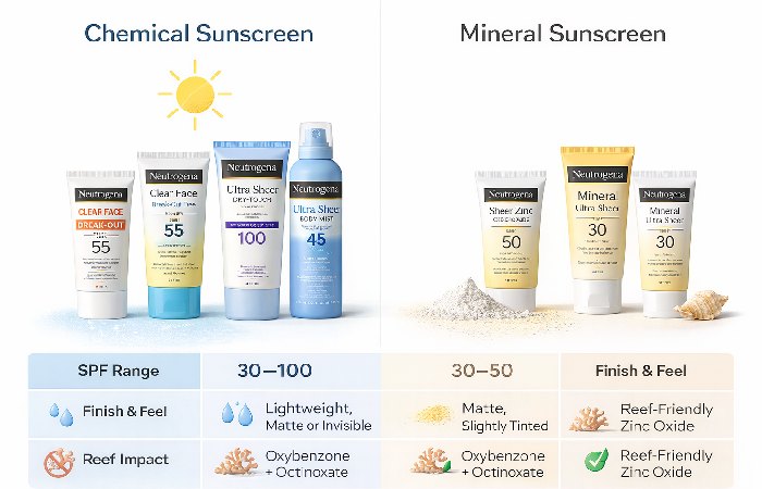 Infographic comparing Neutrogena chemical and mineral sunscreens including SPF range, finish, and reef impact differences
