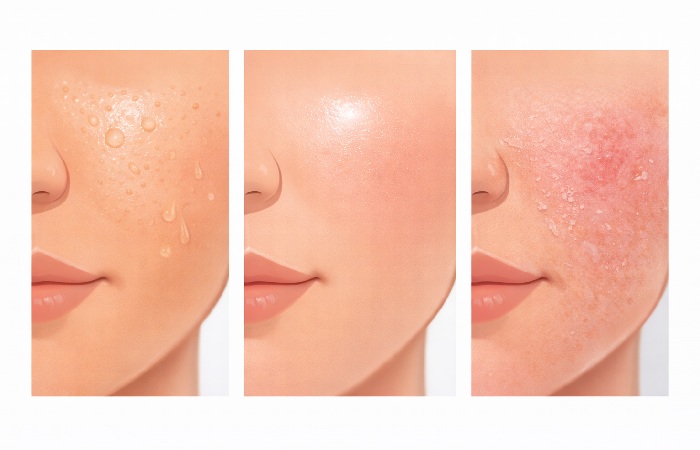 Illustration showing different facial skin textures representing oily, normal, and dry skin types