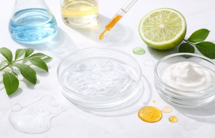 Skincare ingredients concept showing liquid textures and botanical elements representing brightening and exfoliating agents