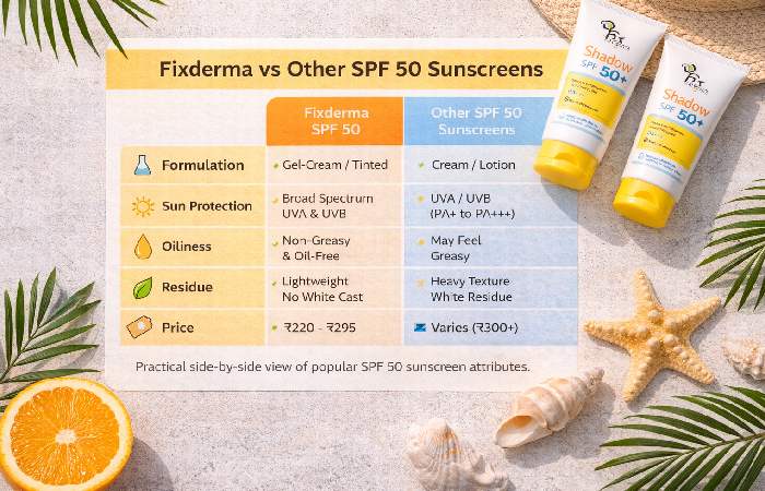 Comparison chart of Fixderma SPF 50 and competing SPF 50 sunscreens