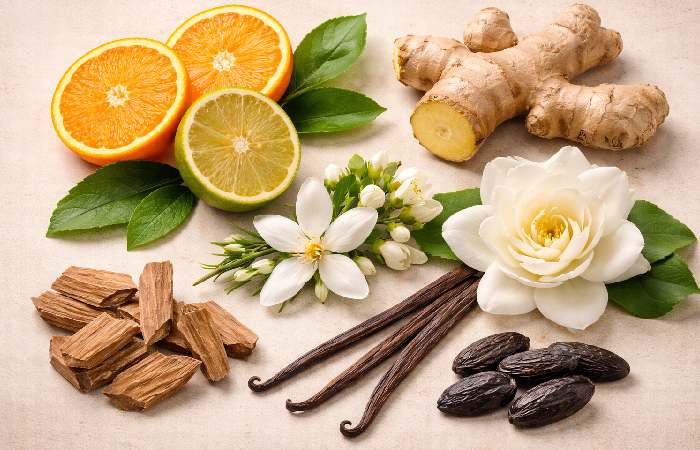 Mandarin orange, bergamot, ginger, orange blossom, gardenia, vanilla and sandalwood representing fragrance notes