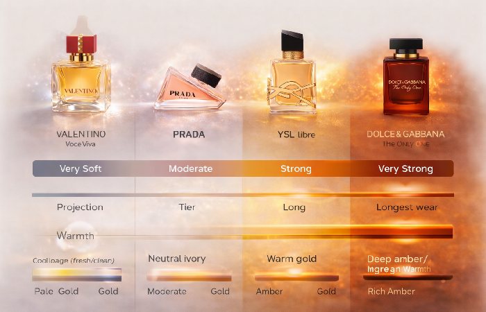 Valentino Voce Viva compared visually with Prada Paradoxe, YSL Libre and Dolce and Gabbana The Only One bottles