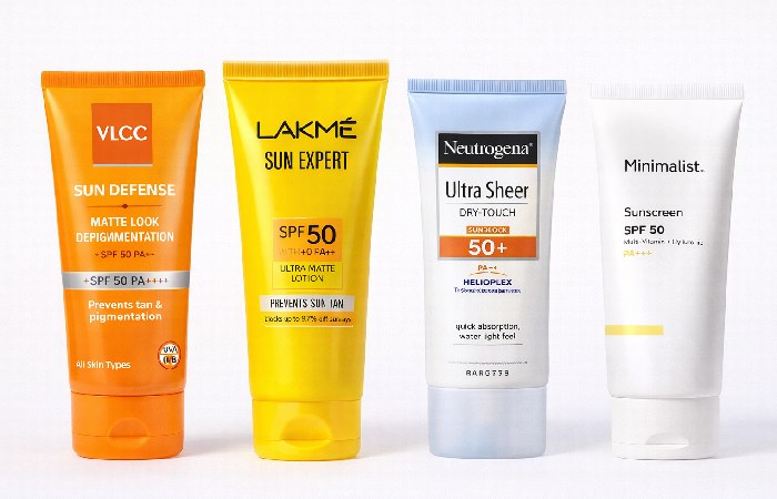 VLCC De-Tan SPF 50 gel cream texture swatch on skin showing lightweight finish