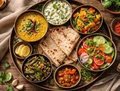 A neatly arranged Indian healthy meal spread with dal, roti, vegetables, curd, and fresh salad on a wooden table
