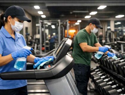 Professional cleaning staff disinfecting gym equipment in a modern fitness center