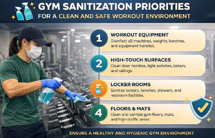 Visual representation of gym cleaning schedule from daily to quarterly tasks