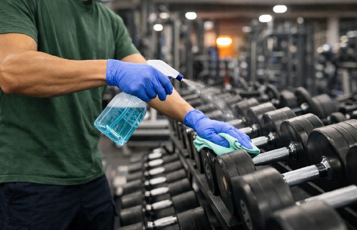 Cleaning and disinfecting gym equipment including dumbbells and benches