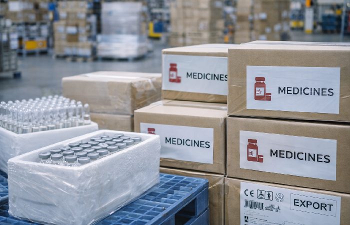 Pharmaceutical export packaging ready for international distribution