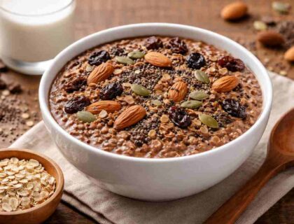 Pintola high protein oats dark chocolate bowl with seeds and almonds