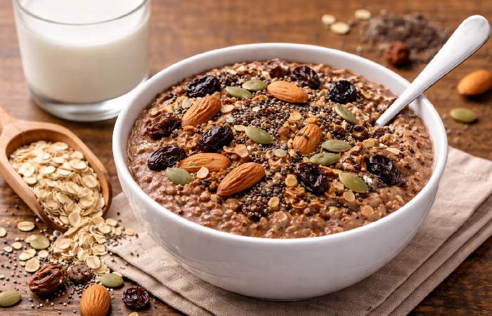 Protein oats serving prepared with milk in bowl