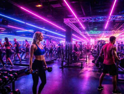 nightclub style gym interior with neon lighting and people working out