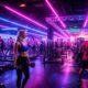 nightclub style gym interior with neon lighting and people working out