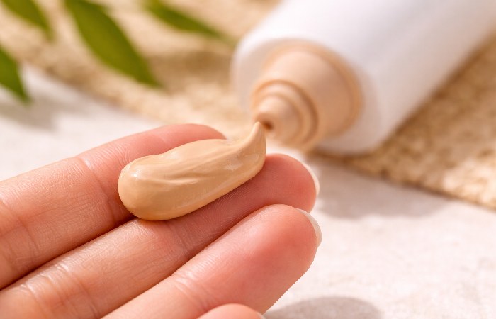 Close up of tinted sunscreen cream on fingertips showing natural skin tone tint