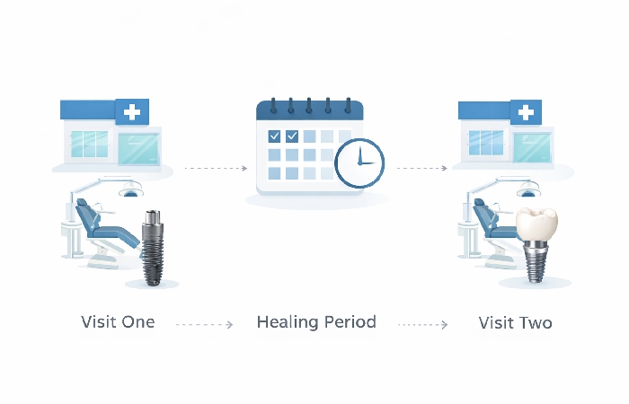 Dental implant process timeline two visits healing period