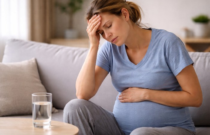 Pregnant woman feeling weak and dehydrated due to severe nausea