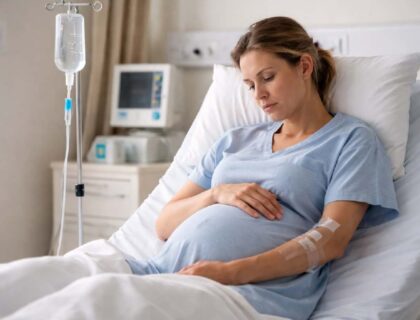 Pregnant woman receiving IV fluids in hospital for severe vomiting