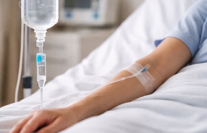IV fluids being administered for dehydration treatment in hospital