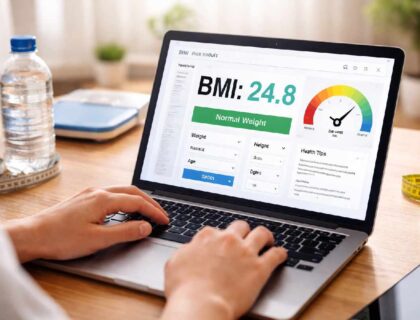 person checking BMI on laptop with health metrics
