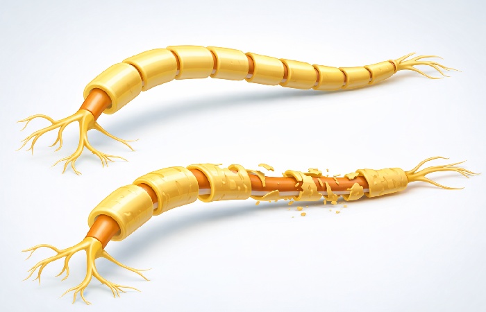 Healthy and damaged nerve fibers showing myelin sheath structure