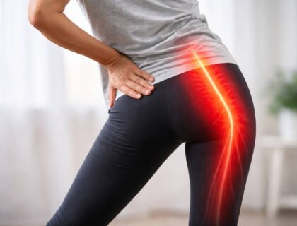 Person with sciatic nerve pain radiating from lower back to leg