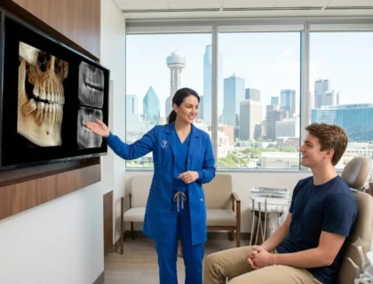 Patient and oral surgeon consulting about wisdom teeth removal, comparing dental services in Dallas, TX.