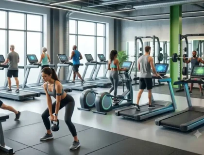 Diverse people working out in a bright, modern gym with fitness equipment.