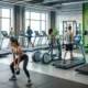 Diverse people working out in a bright, modern gym with fitness equipment.