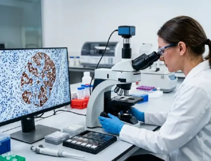 Scientist analyzing immunohistochemistry (IHC) tissue on monitor and microscope.