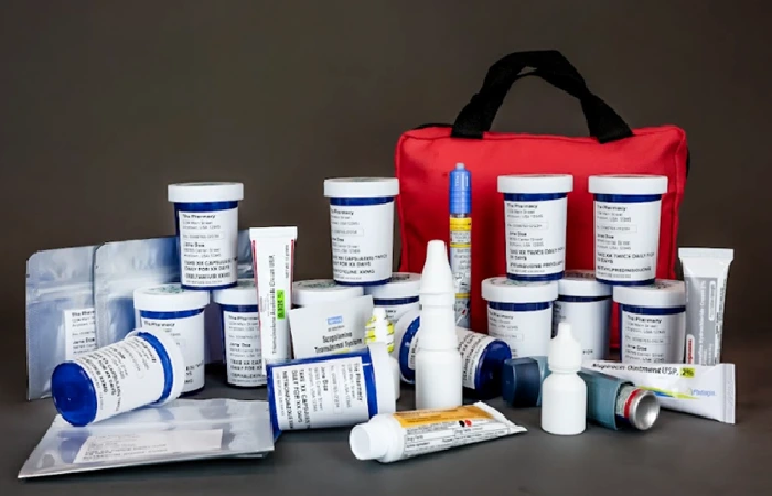 Prescription medication travel kit with labeled containers