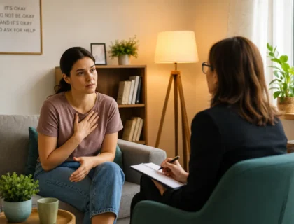 Woman discussing mental health support during a therapy session