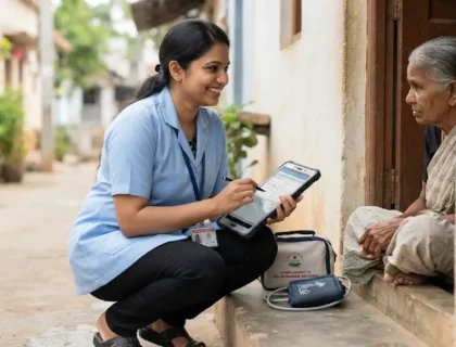 Tamil Nadu healthcare worker using tablet for MTM Line List portal at rural doorstep.