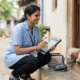 Tamil Nadu healthcare worker using tablet for MTM Line List portal at rural doorstep.