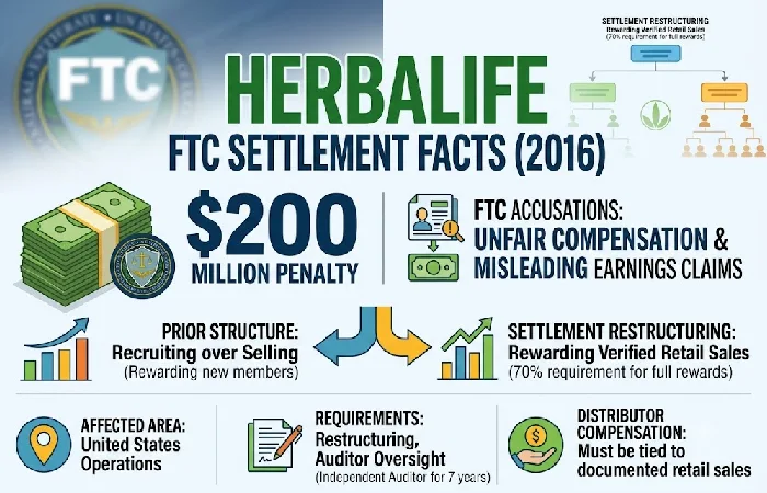 FTC settlement details for Herbalife showing $200 million penalty in 2016