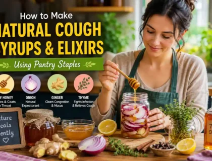 Natural cough syrups and elixirs made with honey, ginger, onion, and thyme using pantry staples