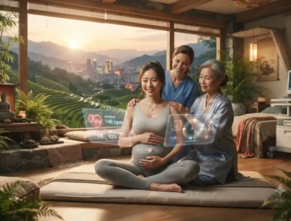 Pregnant woman receiving Eastern and Western prenatal care with futuristic monitors.