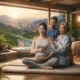 Pregnant woman receiving Eastern and Western prenatal care with futuristic monitors.