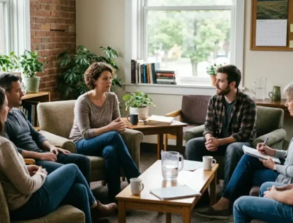 Group therapy session in a supportive recovery environment